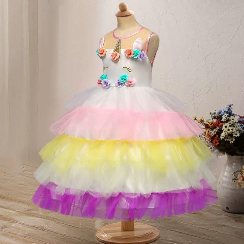 2 Kinds Flower Trim Unicorn Layered Princess Party Dress - dianjiang-