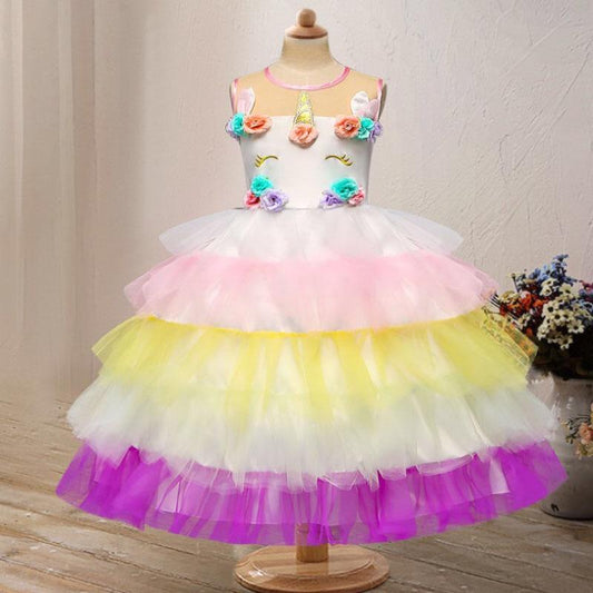 2 Kinds Flower Trim Unicorn Layered Princess Party Dress - dianjiang-