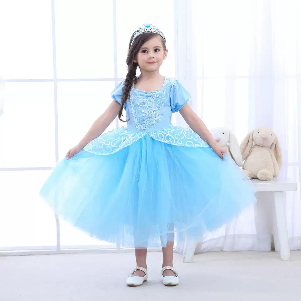 Blue Little Girls Short Sleeves Appliqued Cotton Blue Princess Party Dress - dianjiang-