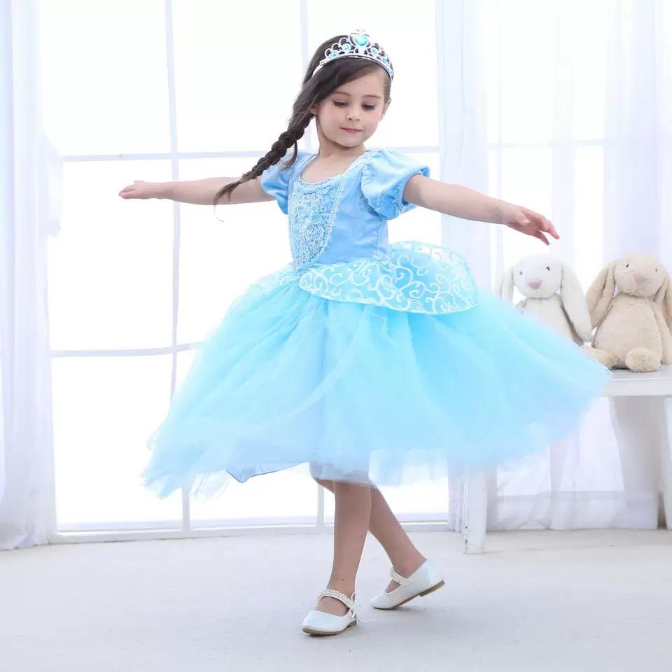 Blue Little Girls Short Sleeves Appliqued Cotton Blue Princess Party Dress - dianjiang-