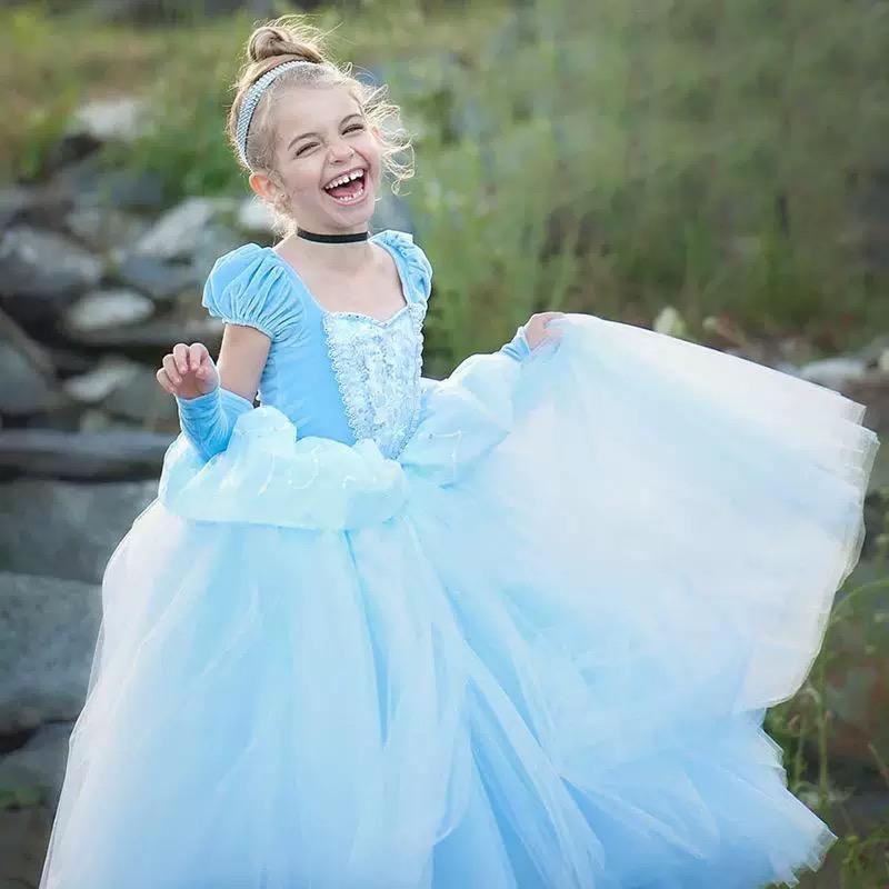 Blue Little Girls Short Sleeves Appliqued Cotton Blue Princess Party Dress - dianjiang-