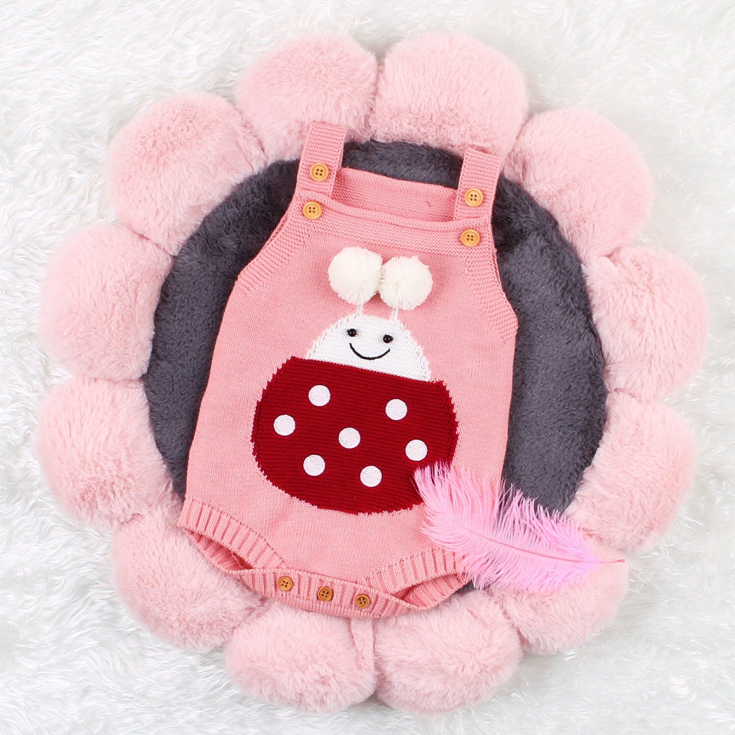 Infant Baby Pom-Pom Ladybug Knitted Onesies Pink and Gray - dianjiang-