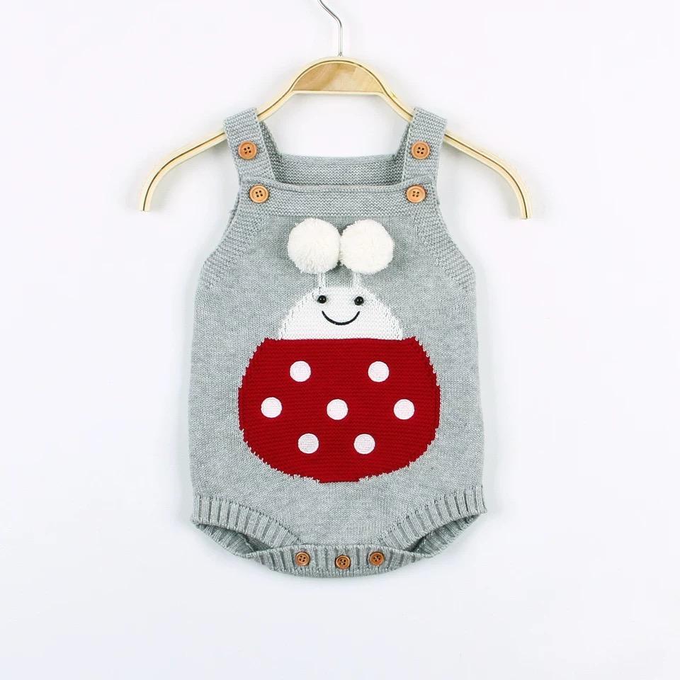 Infant Baby Pom-Pom Ladybug Knitted Onesies Pink and Gray - dianjiang-