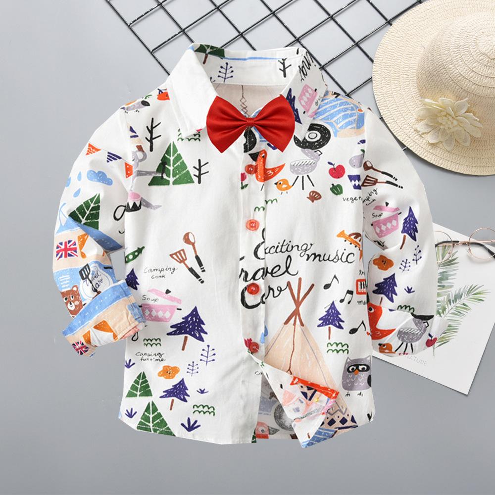 Spring Autumn Cartoon Print Cotton Shirt with Bow Tie for Baby Big Kids  - dianjiang-