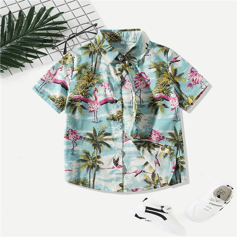 Stylish Toddler Little Boy Coconut Tree Flamingo Turn Down Collar Shirt - dianjiang-