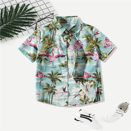 Stylish Toddler Little Boy Coconut Tree Flamingo Turn Down Collar Shirt - dianjiang-