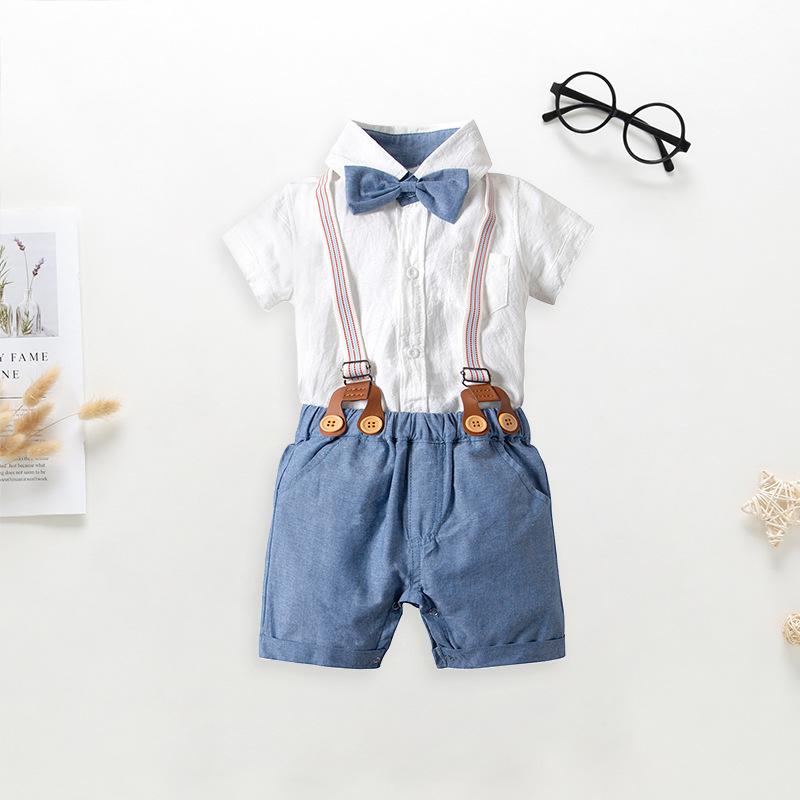 Cotton Babywear 4-Piece Outfits Set Short Sleeve Button Down White Bodysuit and Adjustable Shoulder Straps Shorts and Bow Tie - dianjiang-