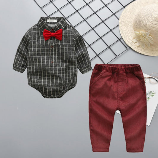 Spring 3- Piece Baby Boys Clothes Set Checked Bodysuit and Corduroy Pants and Bow Tie - dianjiang-