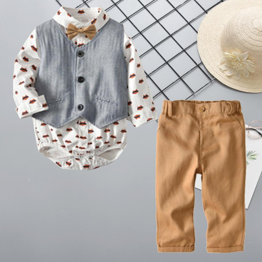 Fox Print Romper Vest Pants Set Baby Boys Long-sleeve Top Trousers - dianjiang-