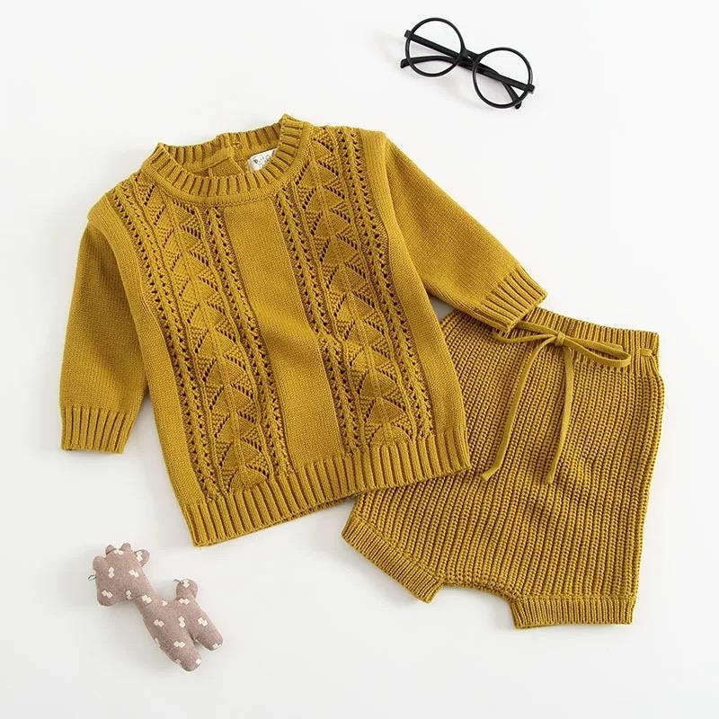 2-piece Outfit Set Cotton Knitted Pierced Long Sleeves Top and Shorts White and Yellow - dianjiang-