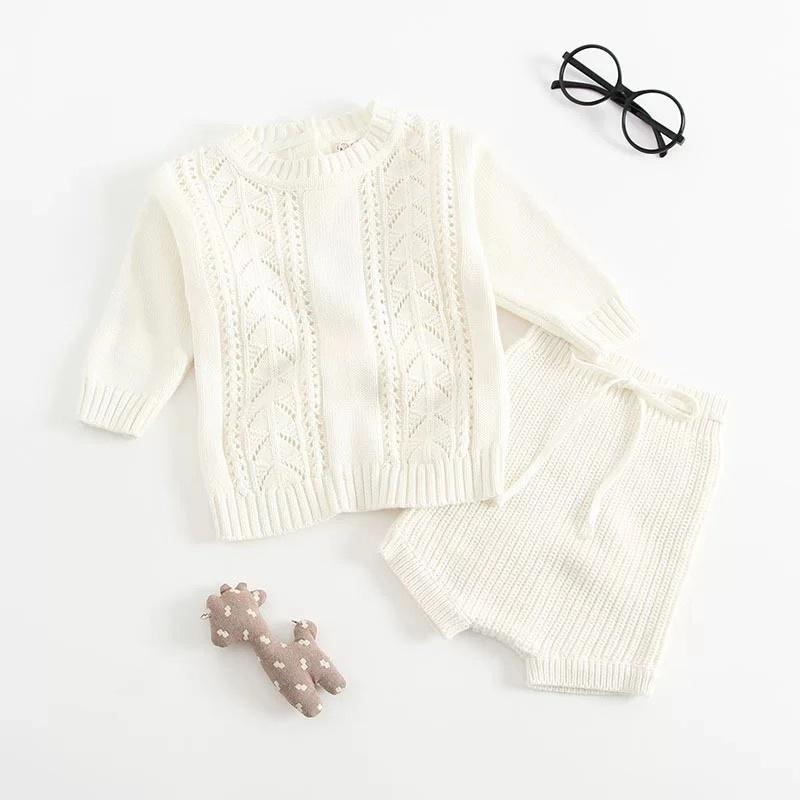 2-piece Outfit Set Cotton Knitted Pierced Long Sleeves Top and Shorts White and Yellow - dianjiang-