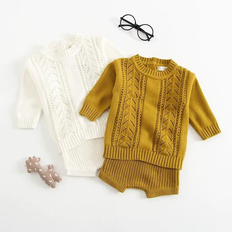 2-piece Outfit Set Cotton Knitted Pierced Long Sleeves Top and Shorts White and Yellow - dianjiang-