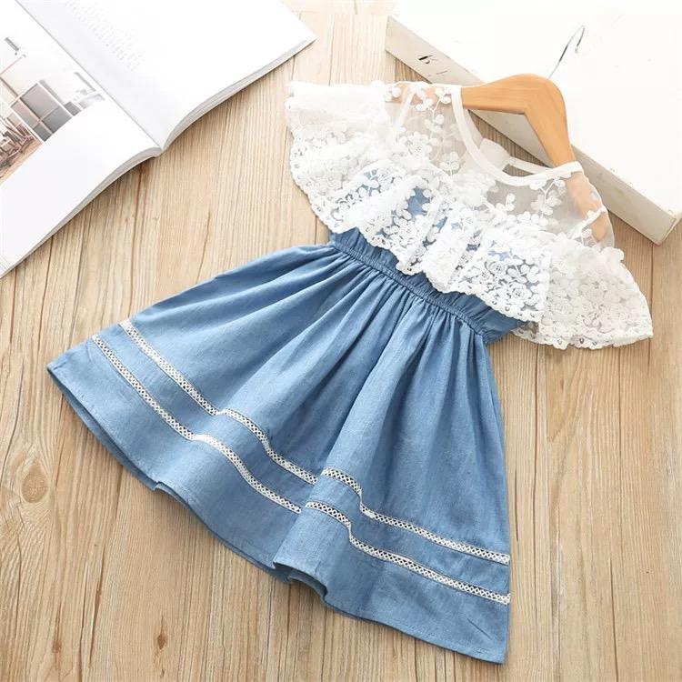 White Lace Trim Flower Patchwork Denim Dress - dianjiang-