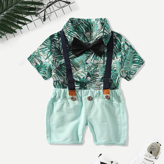 4-Piece Hawaii Style Baby Toddler Boy Outfit Shirt Matching Bowtie+Suspender Shorts - dianjiang-