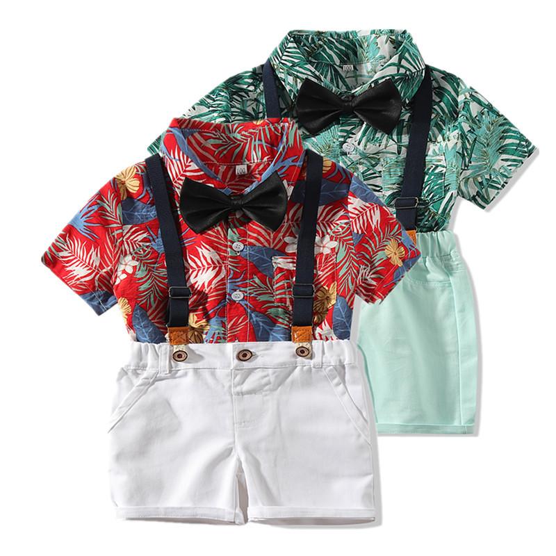 4-Piece Hawaii Style Baby Toddler Boy Outfit Shirt Matching Bowtie+Suspender Shorts - dianjiang-