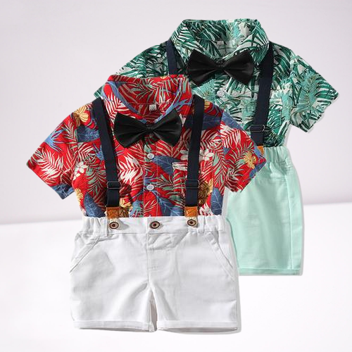 4-Piece Hawaii Style Baby Toddler Boy Outfit Shirt Matching Bowtie+Suspender Shorts - dianjiang-