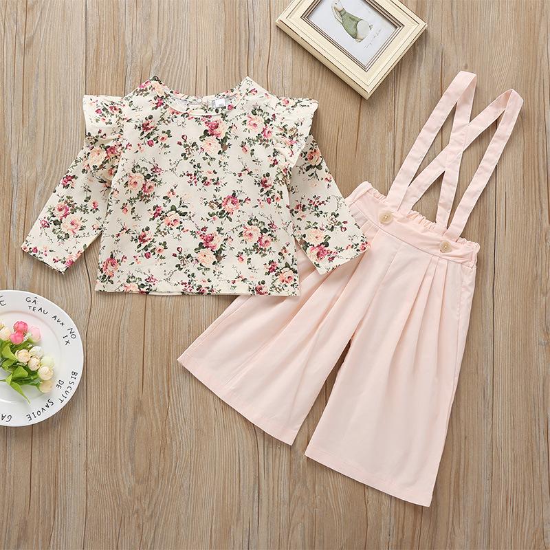 Fall 2-Piece Flower Top & Pink Suspender Pants Set - dianjiang-