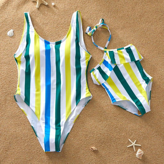 Mommy and Me Striped Color Blocking One Piece Swimming Wear - dianjiang-