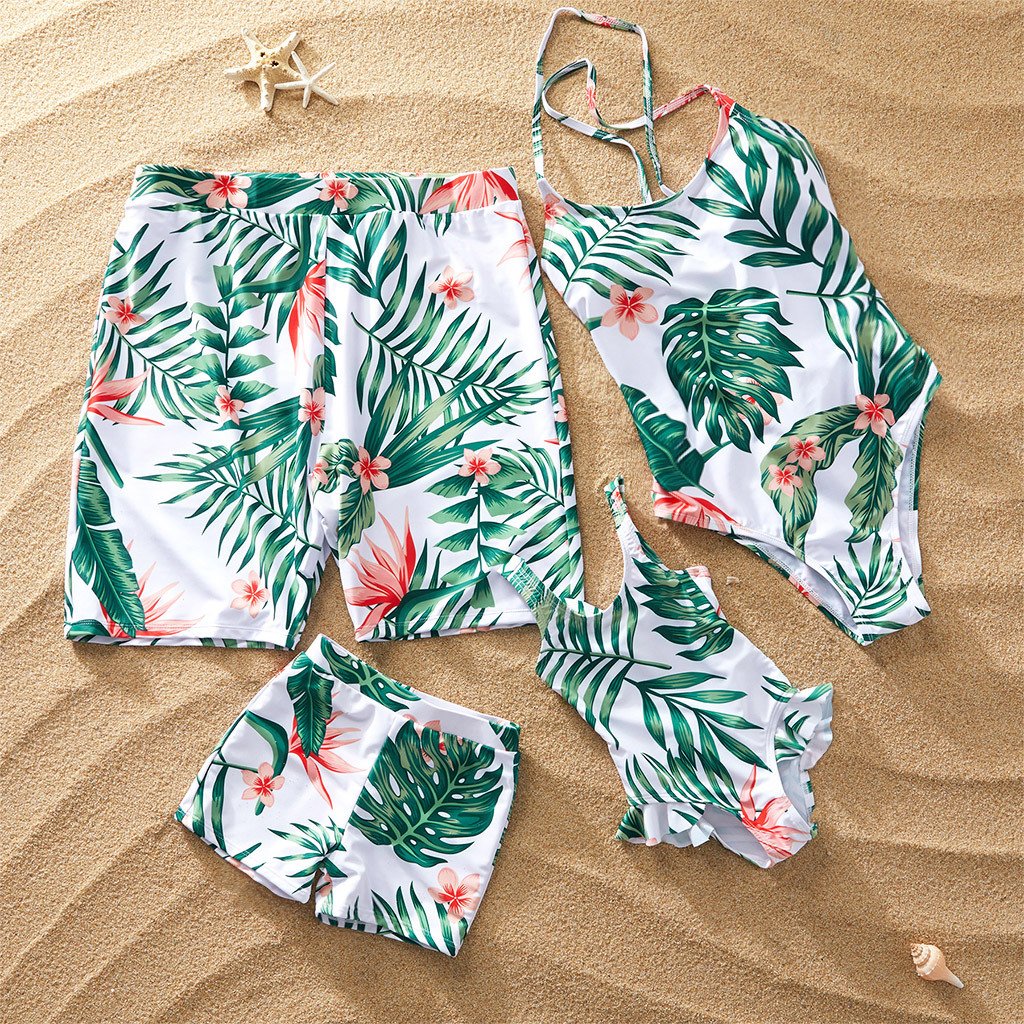 Mom and Daughter Flower Leaf Print One-piece Swimming Wear Family Matching - dianjiang-