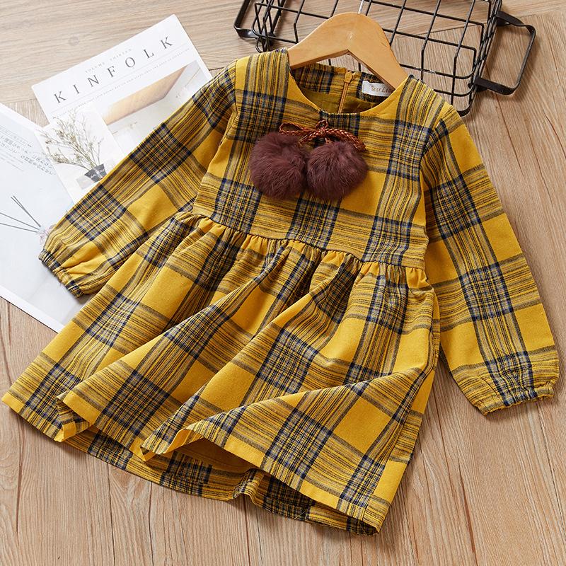 One-Piece Dress Little Big Girl Pom Pom Plaid Casual Dress Spring Autumn - dianjiang-