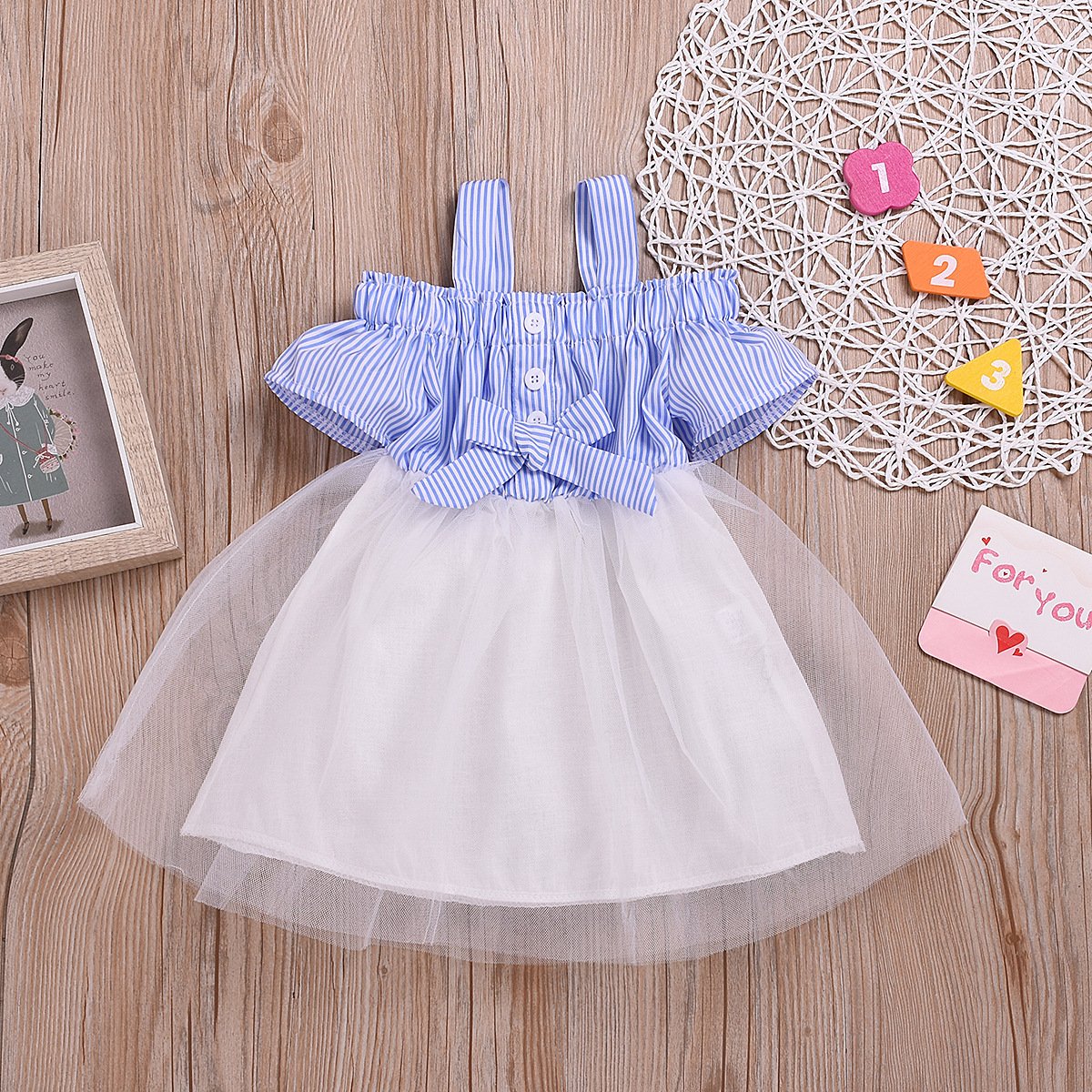 Stylish Stripe Dress White Mesh Patchwork Suspender Skirt for Baby Little Girl - dianjiang-