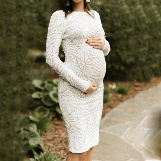 Maternity Sexy Round Neck Perspective Long Sleeve Dress - dianjiang-