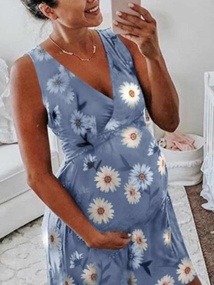 Printed Sleeveless V-Neck Maternity Dress - dianjiang-