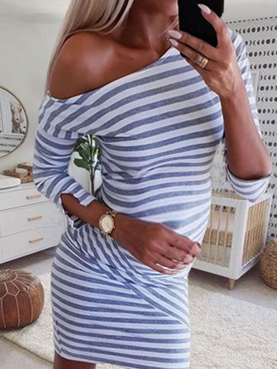 Off-The-Shoulder Split Sleeve Stripes Maternity Dress - dianjiang-