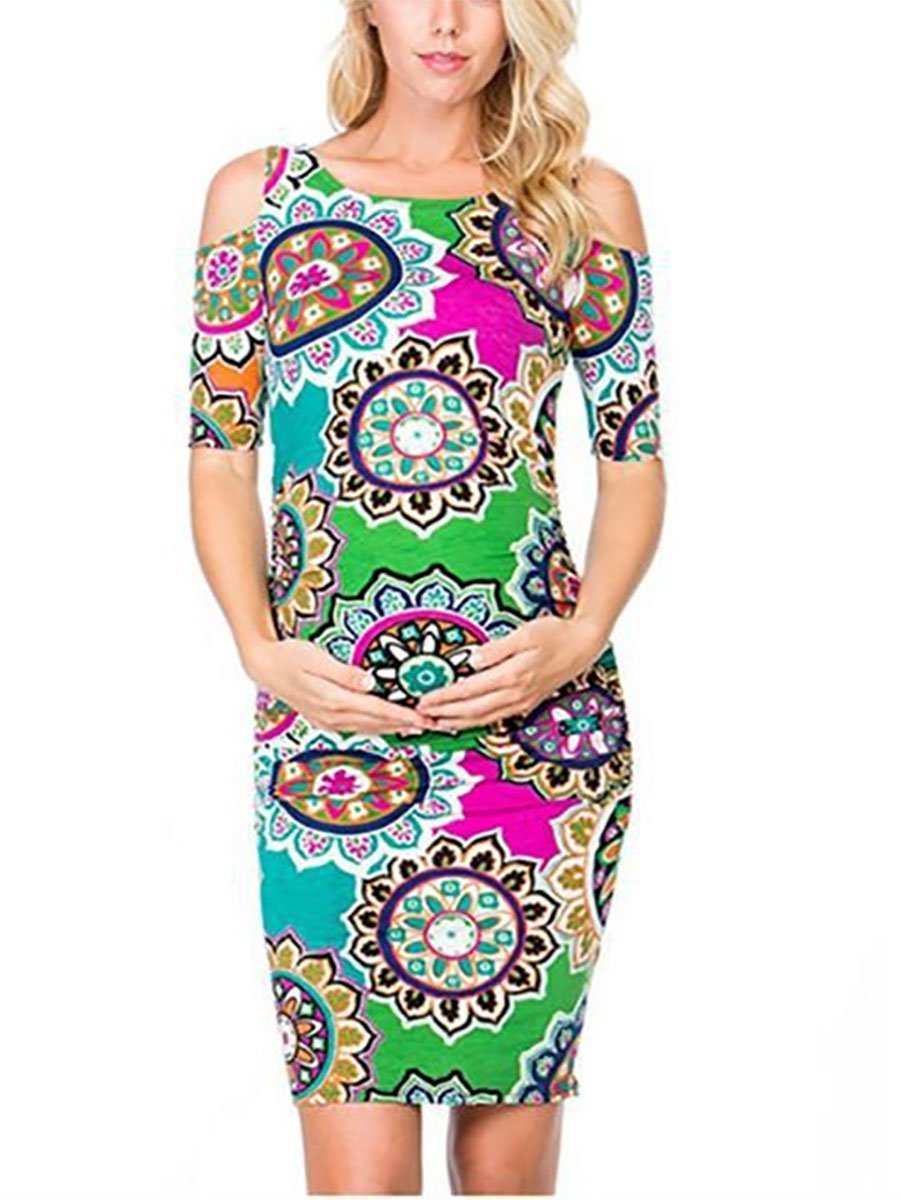 Round Neck Off Shoulder Print Maternity Dress - dianjiang-