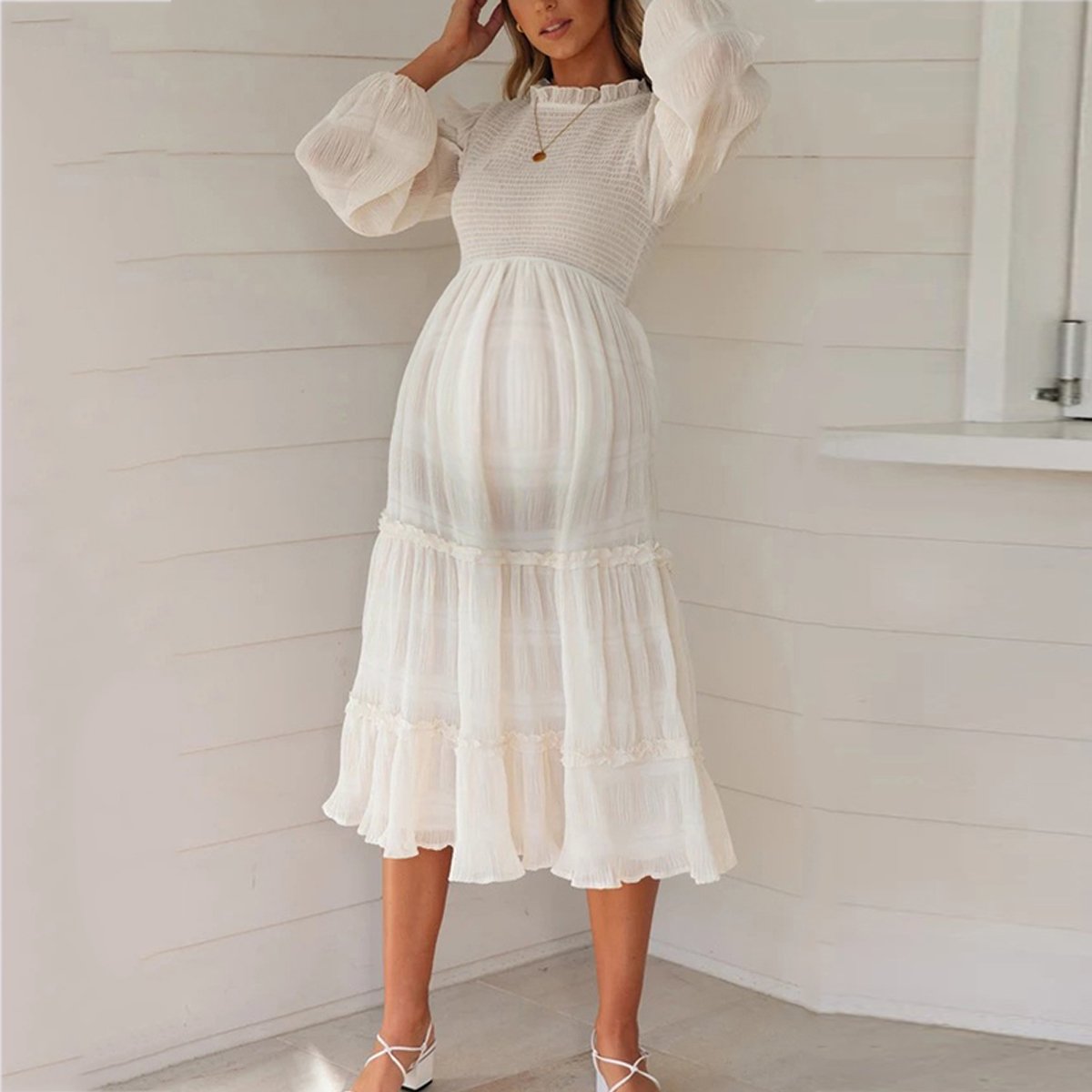 Maternity Lantern Sleeve Chiffon Midi Dress - dianjiang-