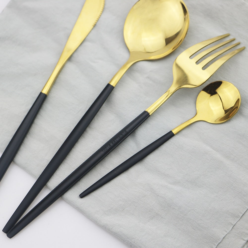 24Pcs/set 18/10 Stainless Steel Dinner Black Gold Dinnerware Set Knife Fork Spoon Cutlery Set Kitchen Tableware Silverware Sets - dianjiang-