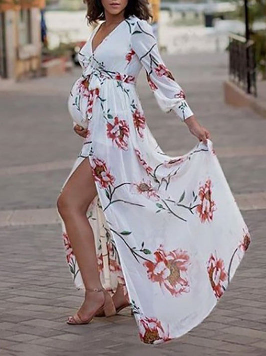 Maternity Fashion Deep V-neck Slit Floral Printed Dress - dianjiang-