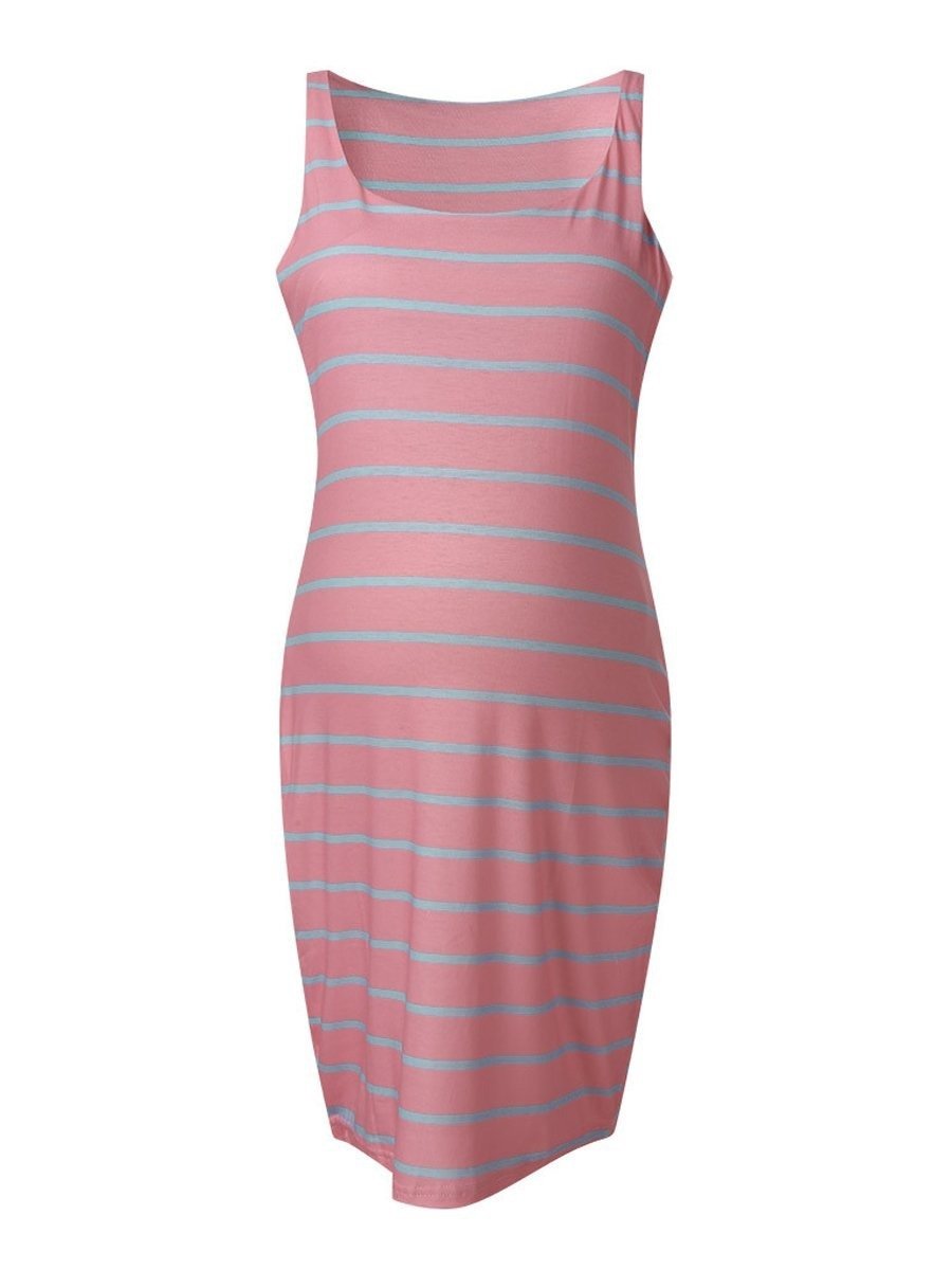 Round Neck Sleeveless Striped Maternity Tank Dress - dianjiang-