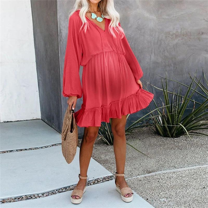 Maternity V-Neck Splicing Ruffle Lantern Sleeve Short Dress - dianjiang-