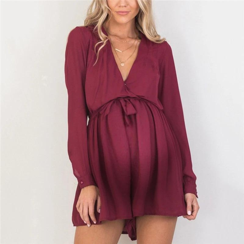 Maternity Fashion V Neck Long Sleeve Dress - dianjiang-