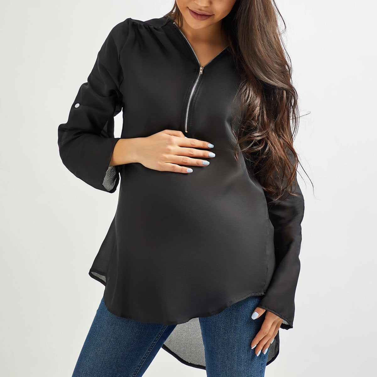 Maternity V Neck Zipper Patchwork Plain Blouses - dianjiang-