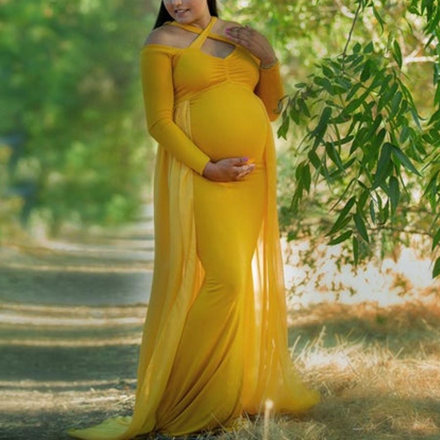 Maternity Sweet Halter Neck Yellow Long Sleeve Off Shoulder Dress - dianjiang-