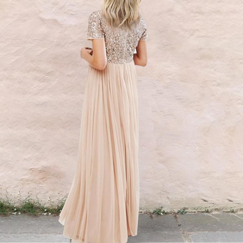 Maternity V Neck Maxi Tulle Dress With Tonal Delicate Sequins - dianjiang-