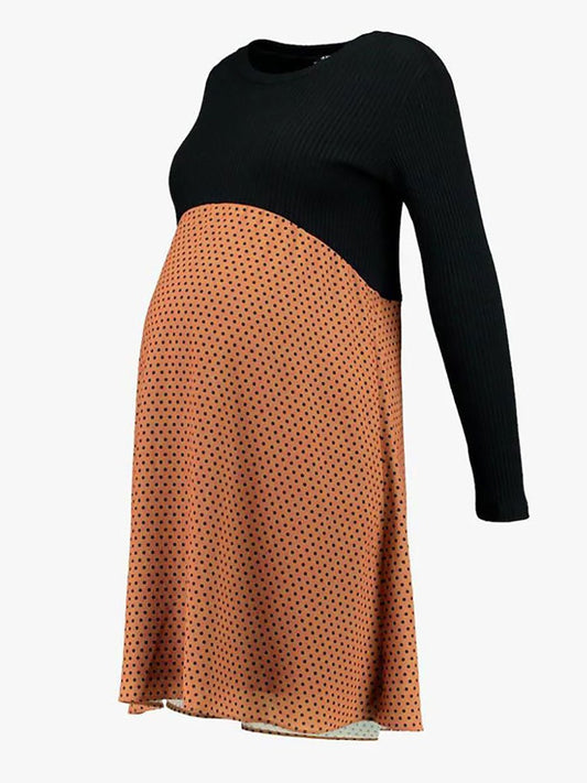 Paneled Polka Dot Long Sleeve Maternity Dress - dianjiang-