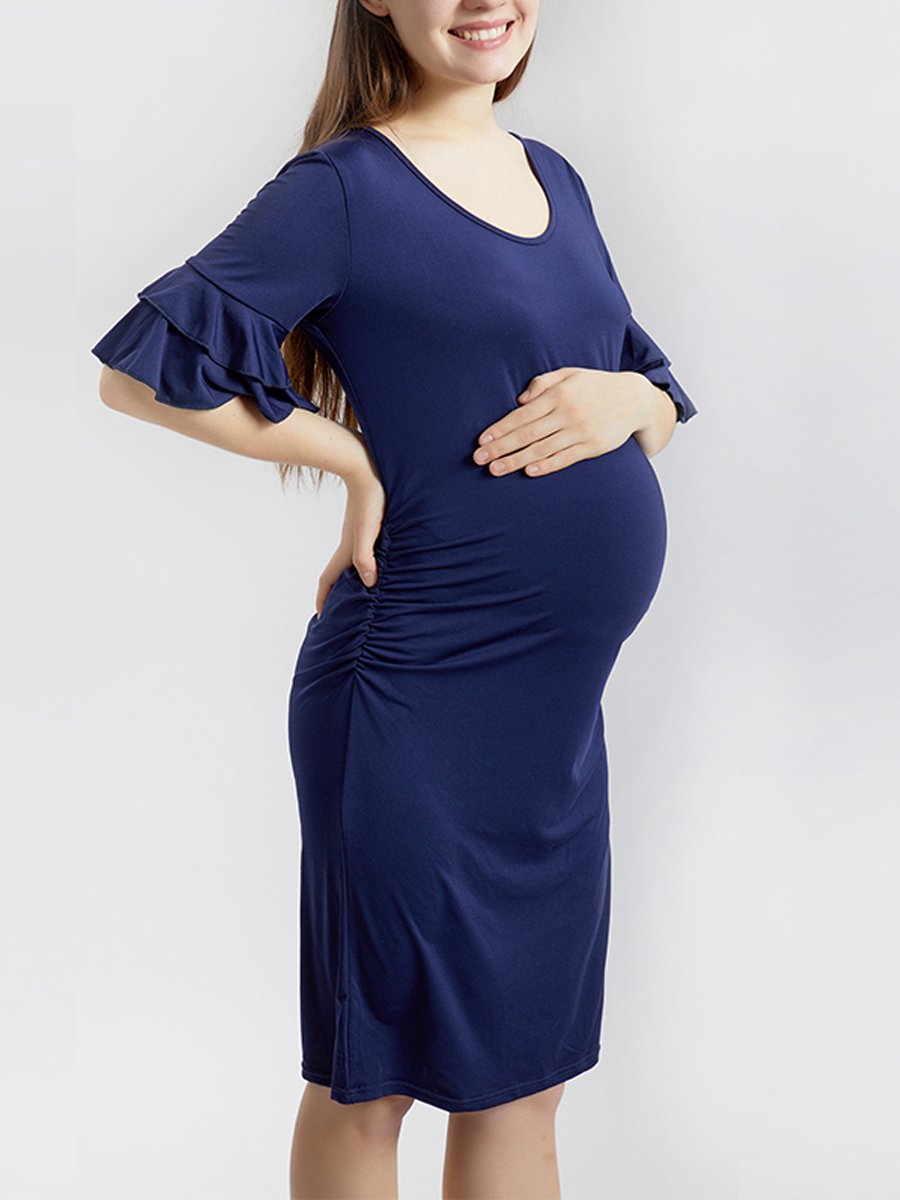 Maternity Ruffled Trumpet Sleeve Crew Neck Midi Dress - dianjiang-