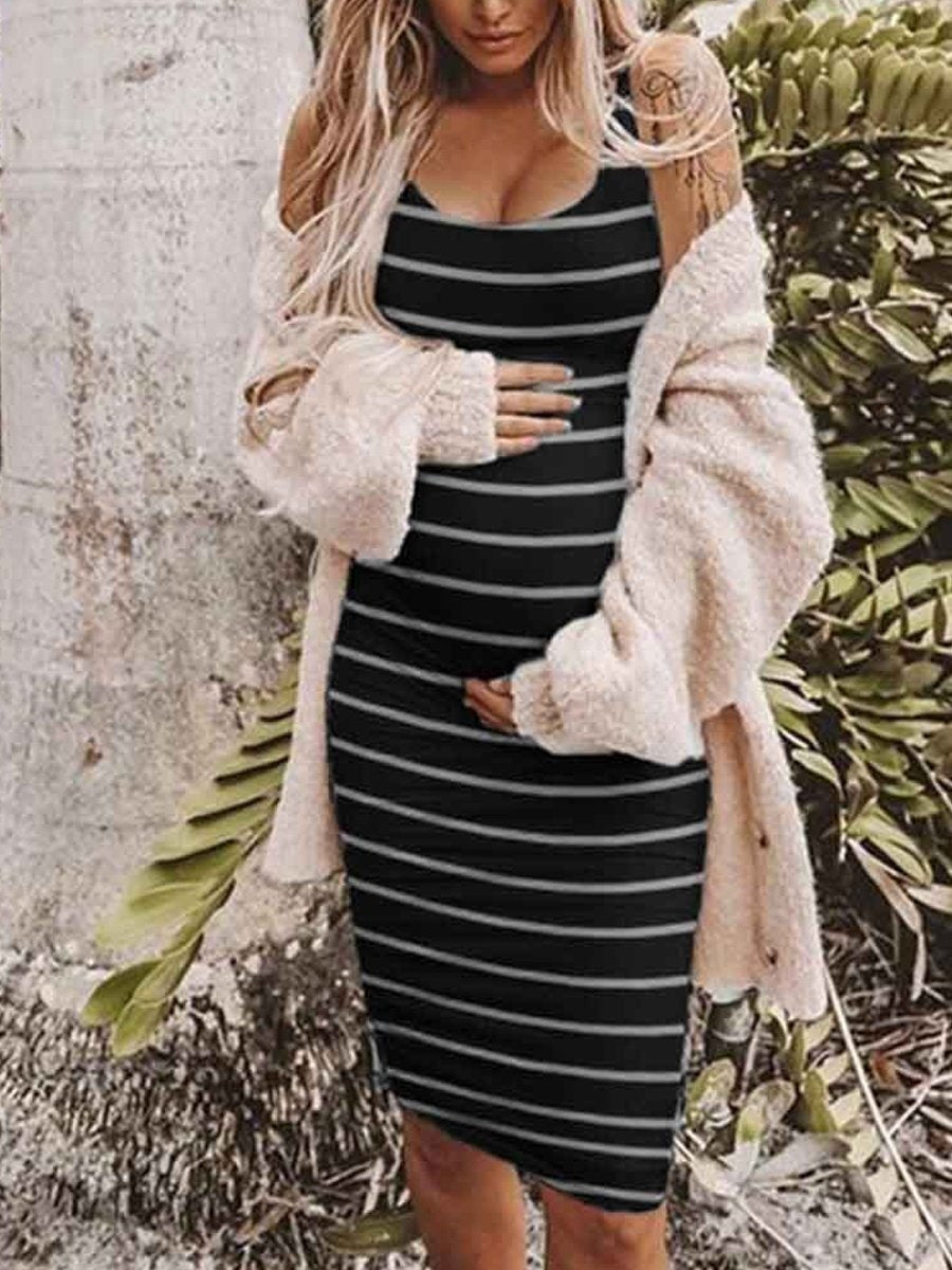 Round Neck Sleeveless Striped Maternity Tank Dress - dianjiang-