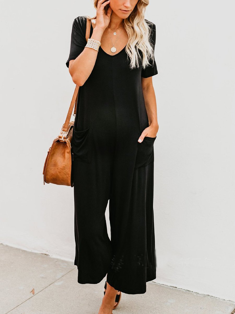 Solid Color Short Sleeve Loose Maternity Jumpsuit - dianjiang-