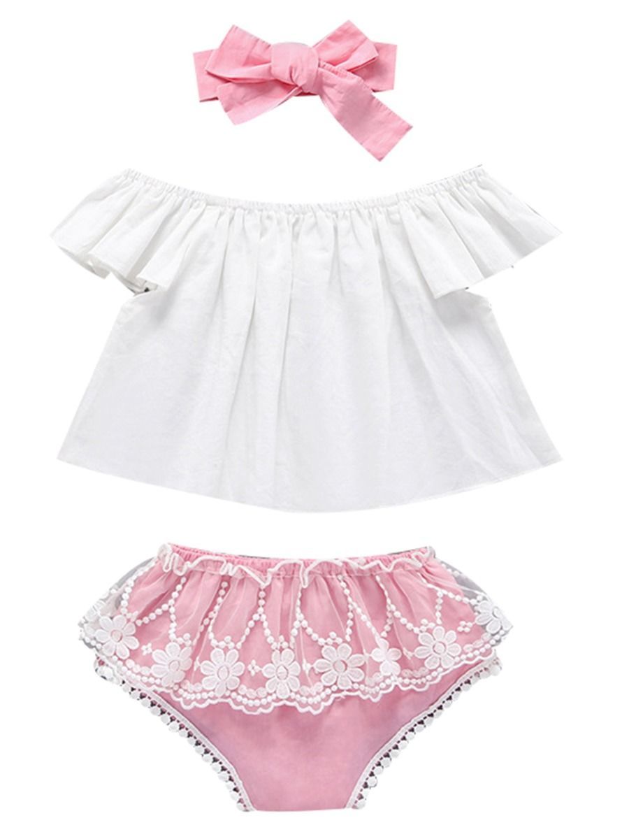 3-Piece Baby Outfit Off Shoulder Top + Flower Lace Trimmed Shorts +Headband - dianjiang-