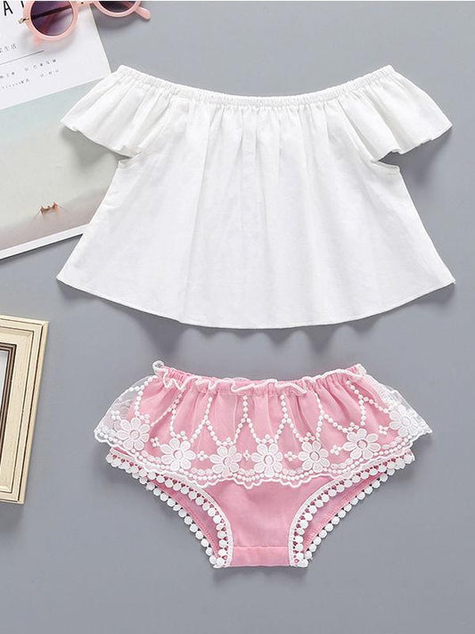 3-Piece Baby Outfit Off Shoulder Top + Flower Lace Trimmed Shorts +Headband - dianjiang-