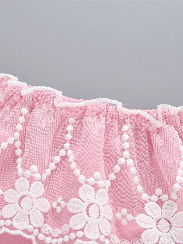3-Piece Baby Outfit Off Shoulder Top + Flower Lace Trimmed Shorts +Headband - dianjiang-