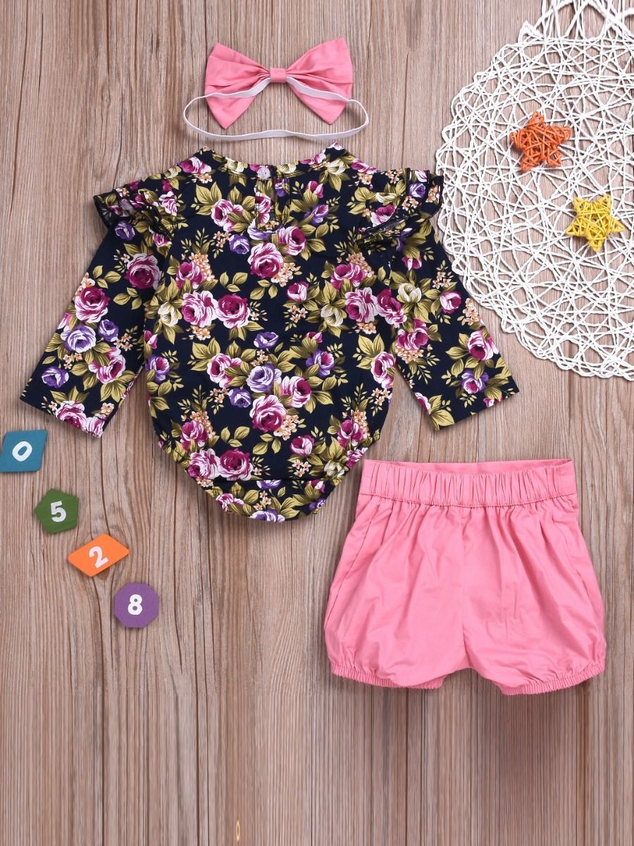 3-Piece Chic Clothes Outfit Set Flutter Sleeve Flower Romper+Pink Shorts+Bow Headband - dianjiang-