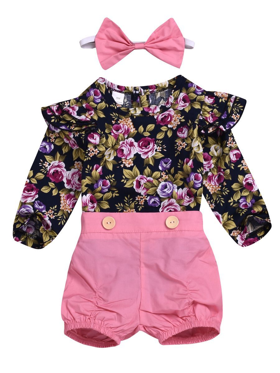 3-Piece Chic Clothes Outfit Set Flutter Sleeve Flower Romper+Pink Shorts+Bow Headband - dianjiang-
