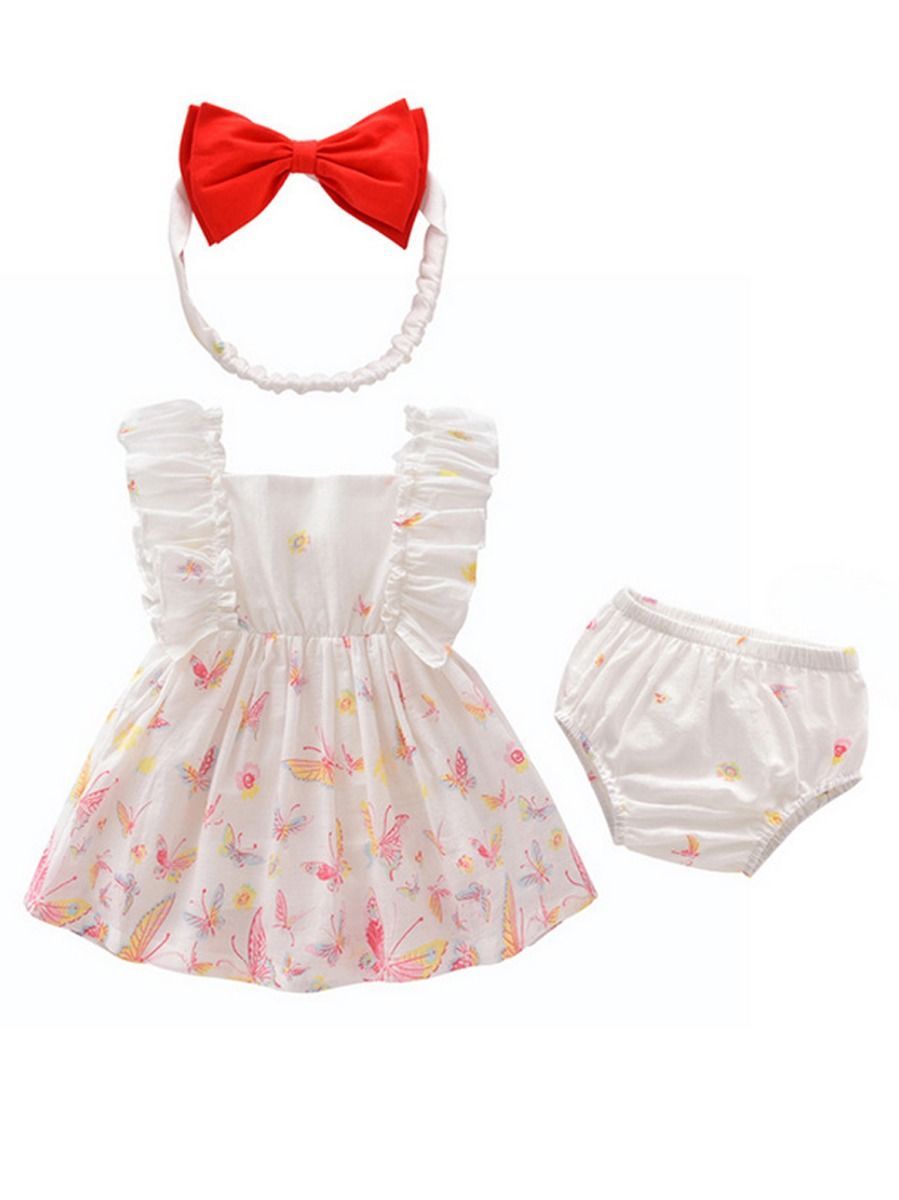 3-Piece Summer Toddler Baby Girl Clothes Outfits Ruffle Butterfly Dress+Brief+Bow Headband - dianjiang-