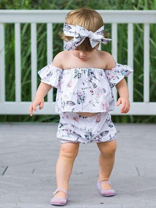 3-Piece Flower Baby Outfits Off Shoulder Top + Shorts + Headband Summer - dianjiang-