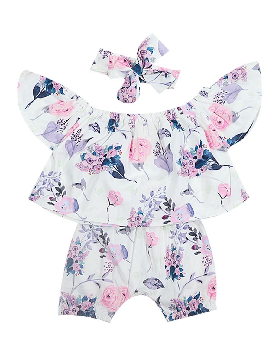 3-Piece Flower Baby Outfits Off Shoulder Top + Shorts + Headband Summer - dianjiang-